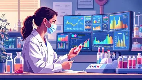Lab technician analyzing blood sample digital biomarker graphs modern scientific lab