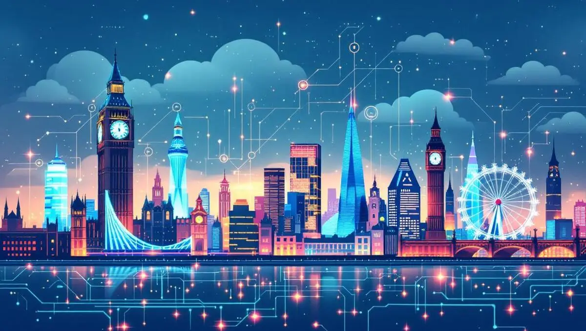 Vibrant london cityscape with technology symbols and uk landmarks tech growth