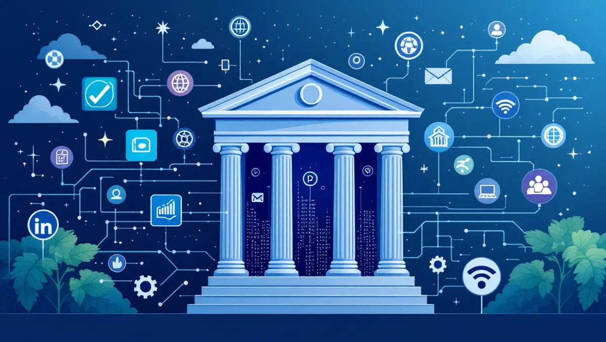 Bank building digital data streams fintech icons data access control monetization