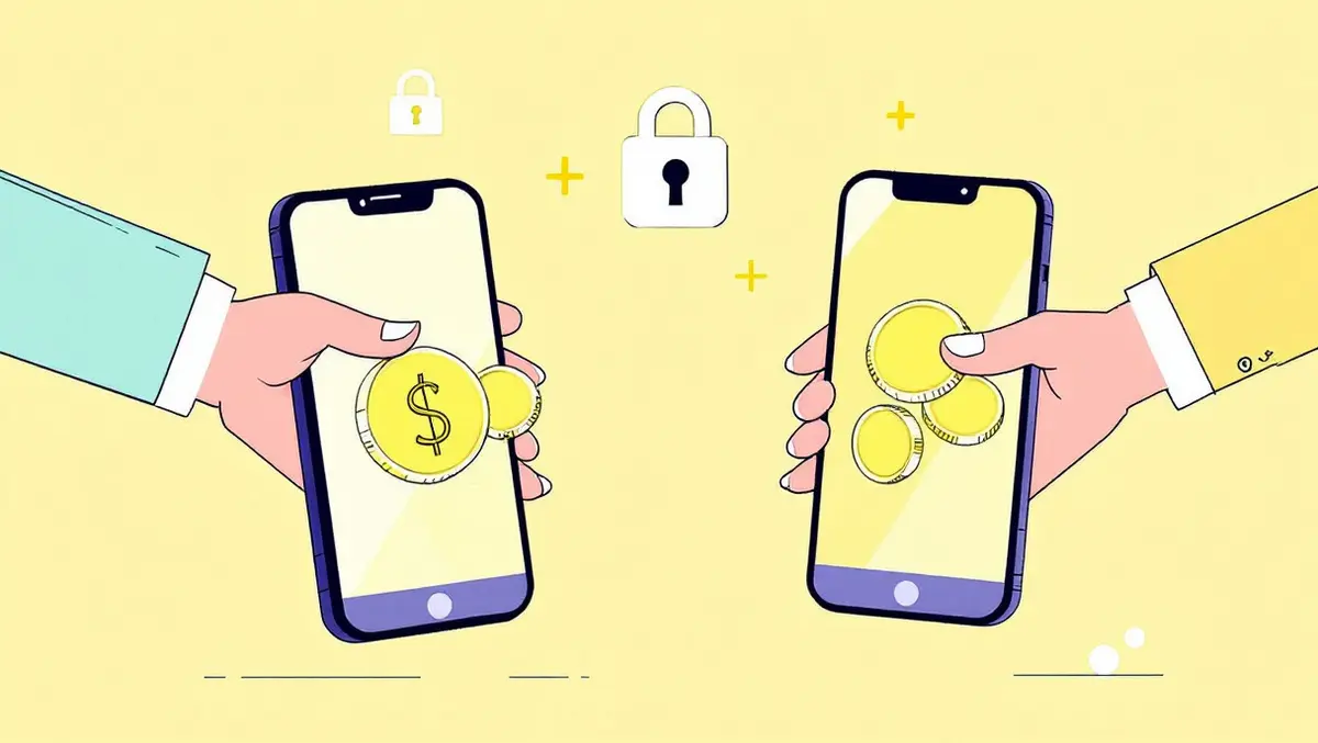 Digital peer to peer lending secure transaction illustration with phones and coins