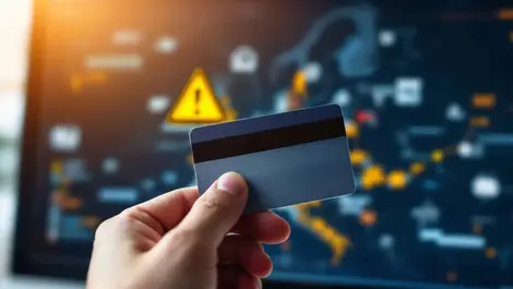 Hand holding credit card computer screen warning financial crime europe