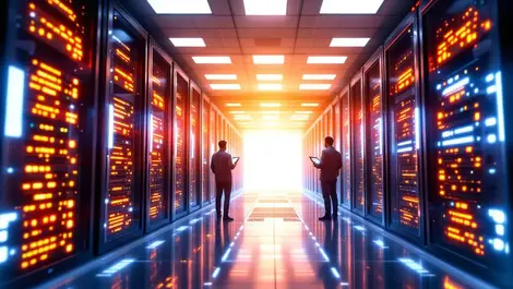 Realistic high tech server room glowing servers network cables engineers asian corporate