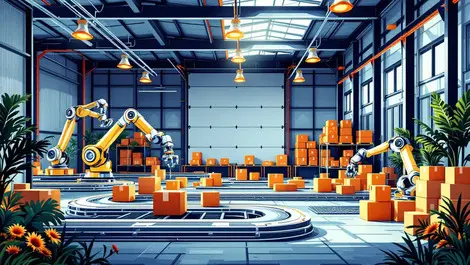 Modern uk warehouse robotic automation conveyor belts solar panels greenery