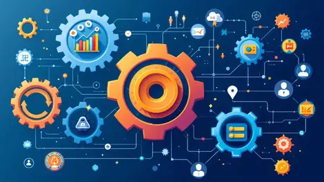 Illustration interconnected gears pathways automated workflows marketing analytics ai