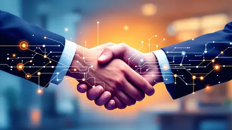 Handshake between business people with ai circuit connection modern office