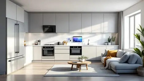 Modern european kitchen living room smart appliances touchscreen hub ai automation illustration