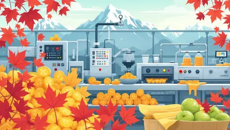 Modern high tech food production canadian factory automation snowy mountains maple leaves