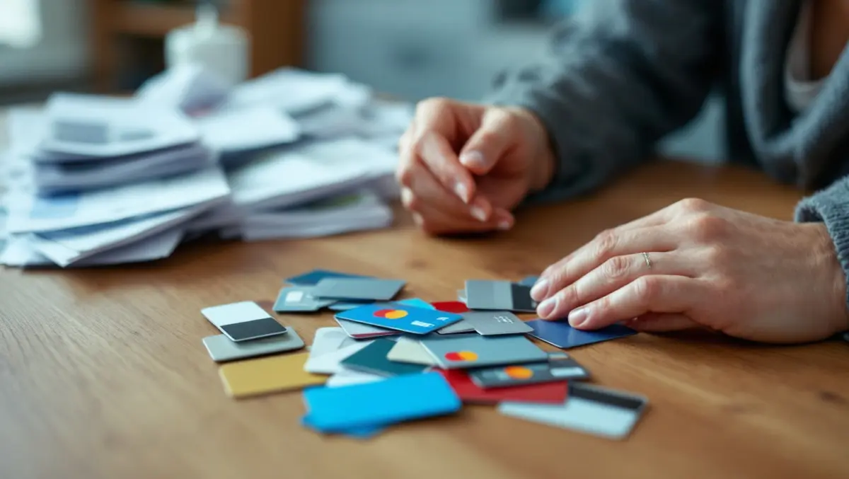 Stressed person looking at scattered credit cards and household bills uk home