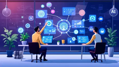 Modern office professionals collaborating ai data flows software development