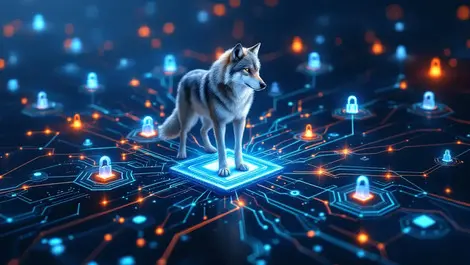 Vigilant wolf standing digital network map cyber threat detection