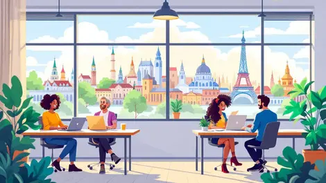 Cheerful european office collaboration modern desks city landmarks