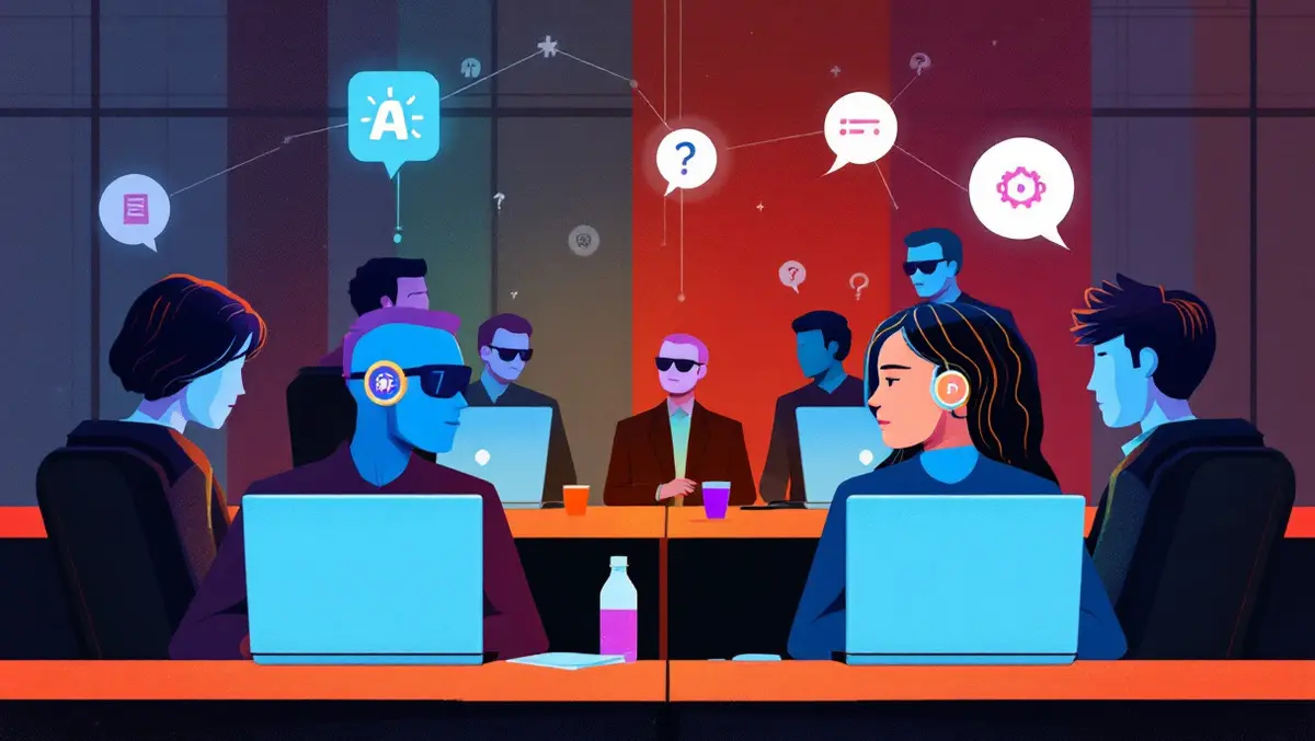Office workers using laptops ai icons individuals vs collaborative puzzle