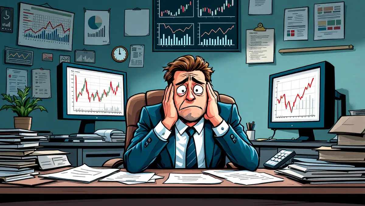 Stressed financial executive cluttered desk computer charts uk irish office