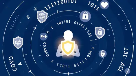 Person protected by concentric digital shields binary codes cybersecurity