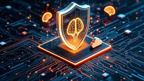 Secure digital shield over computer servers cloud icons ai brain defense