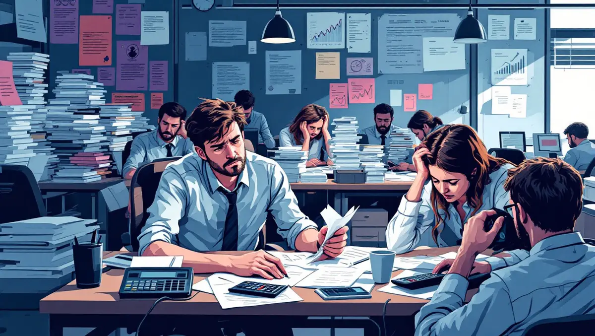 Tired office workers repetitive tasks paperwork calculators uk finance