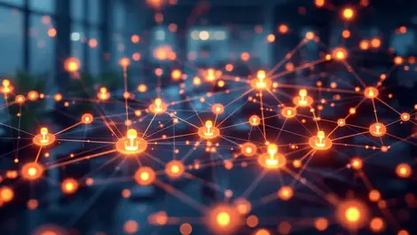 Interconnected nodes glowing ai agents network silicon valley office