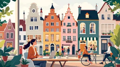 Happy women work home belgian cityscape professional success family life