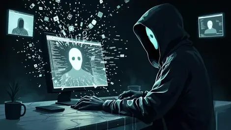 Realistic illustration hooded figure dimly lit room computer ghostly faces deepfakes code flaws