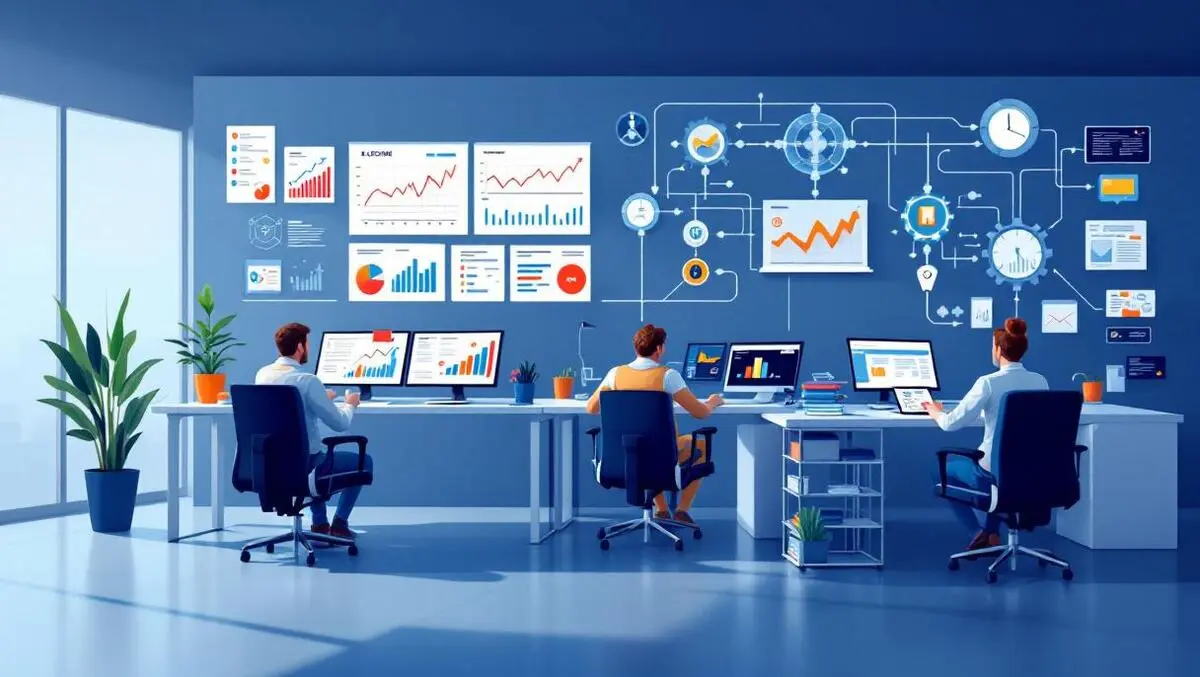 Modern uk investment office professionals analyzing data graphs digital documents workflow automation