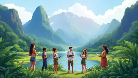 Young entrepreneurs presenting eco friendly technology in australasian landscapes