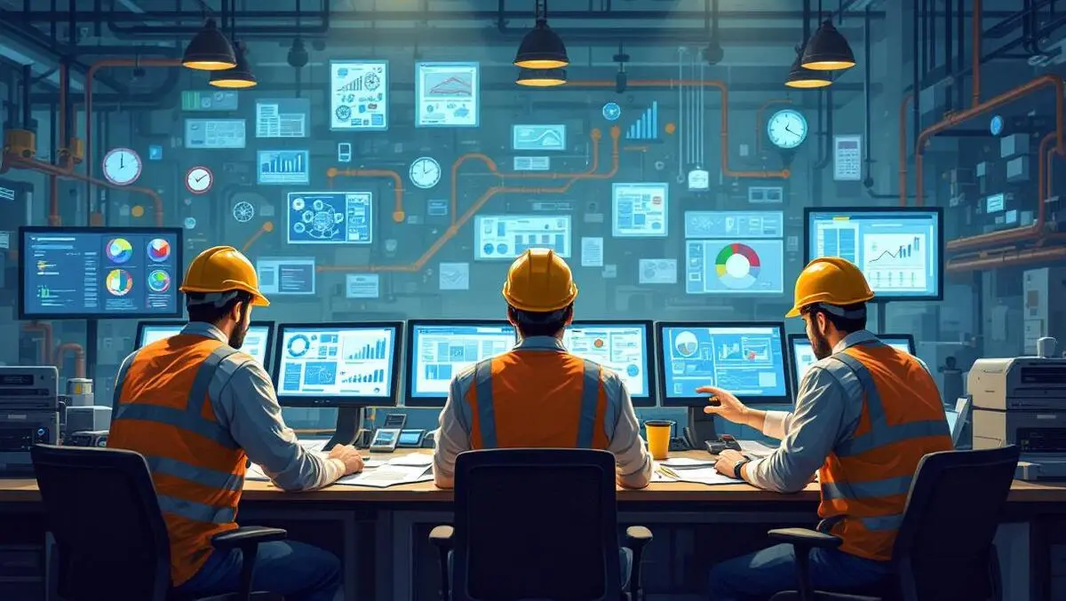 Factory engineers working with computers machinery digital screens spreadsheets