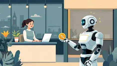 Traditional customer service desk human agent ai robot london backdrop discount