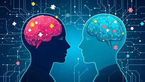 Interconnected human brains lightbulbs puzzle pieces global technology network