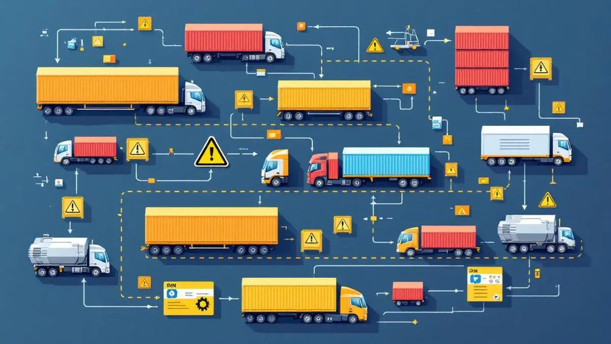 Complex supply chain network containers trucks logistics connections risk warning symbols