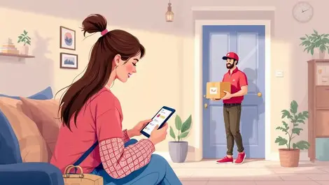 Young woman in london home tracking online shopping delivery with courier