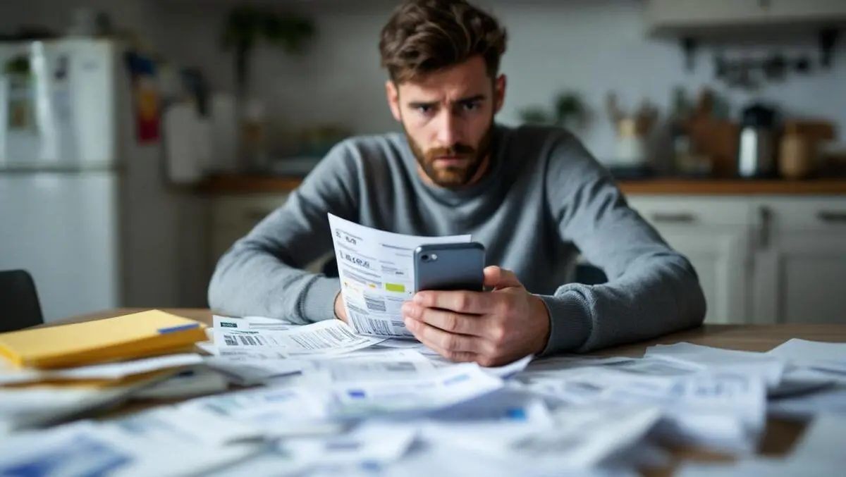 Worried british adult overdue bills financial documents smartphone social media uk home