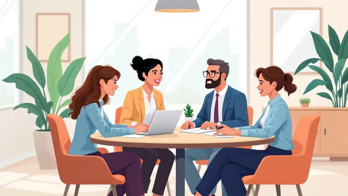 Business professionals working together around round table bright office cooperation accessibility