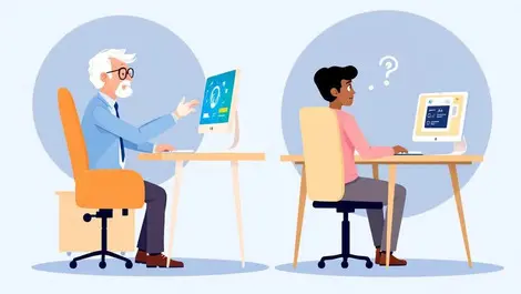 Office desks senior man ai computer younger person uncertain observing