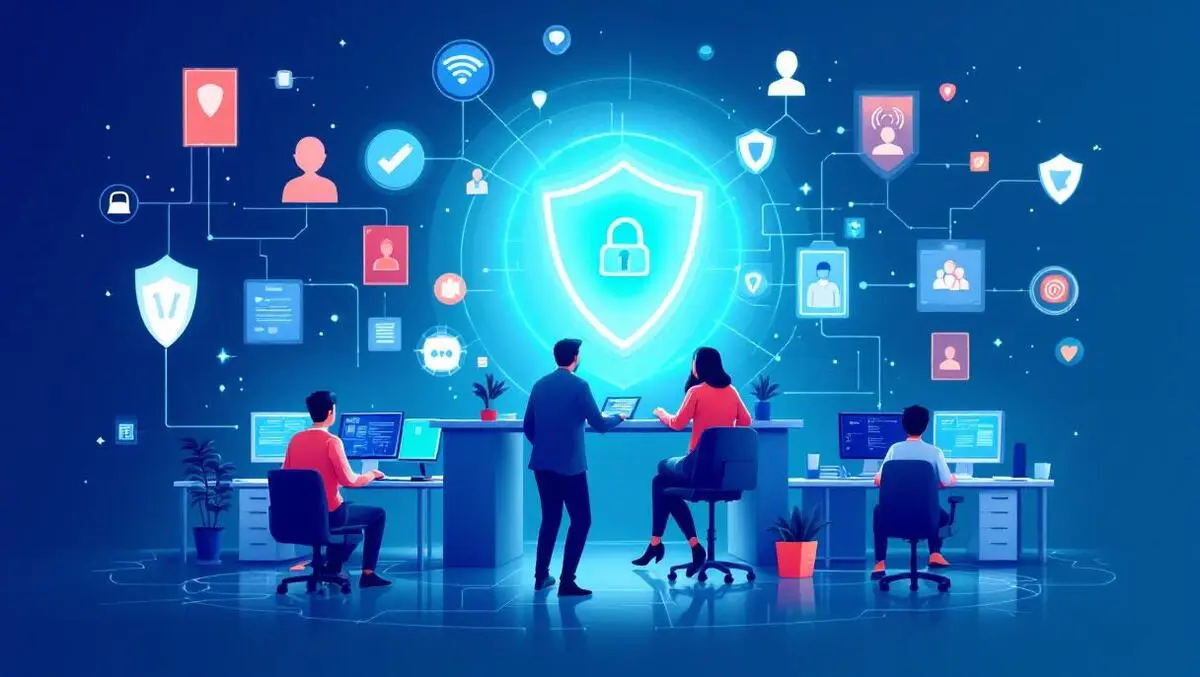 Small business office illustration teamwork computer security shields network connections