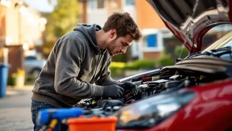 Young british person working on car driveway suburban uk hands on maintenance upgrades