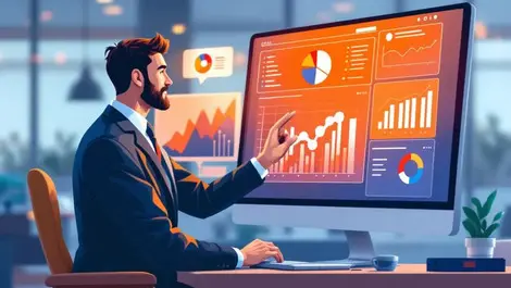 Business professional using digital dashboard charts graphs brand communication customer satisfaction modern office