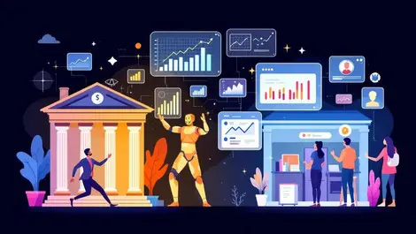 Illustration bank insurance office abstract humans digital screens charts financial icons ai integration