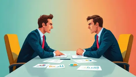Two business professionals in suits negotiating across conference table with financial documents