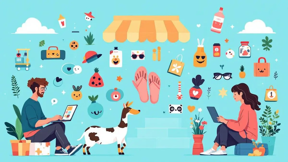 Young shoppers browsing laptops mobile devices colorful eco friendly products