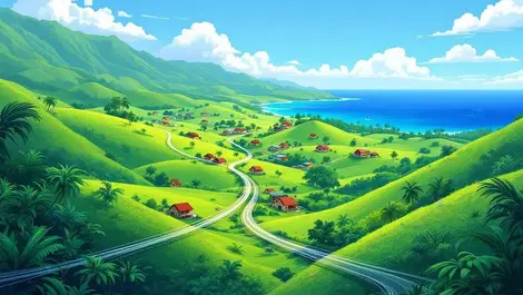 Fibre optic cable laying across green hills connecting fijian villages