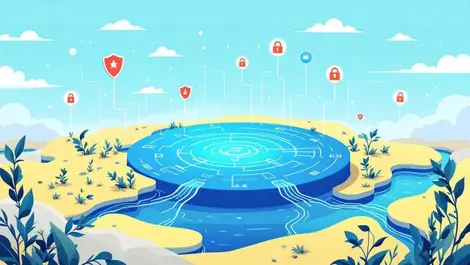 Serene data lake with security icons shields locks and data streams