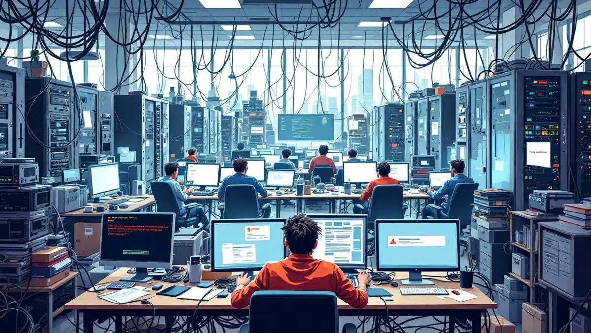 Cluttered office tangled cables server racks overwhelmed workers error screens
