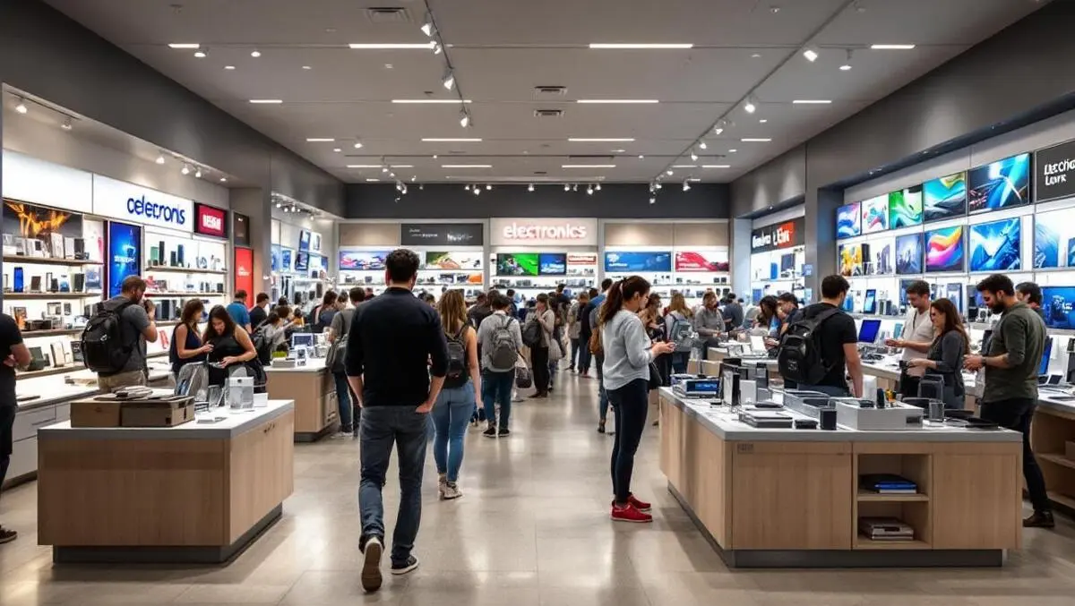 Busy uk electronics store shoppers browsing gadgets popular tech products