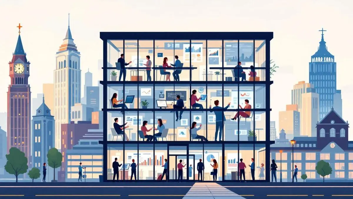 Modern office building busy professionals digital screens data manchester