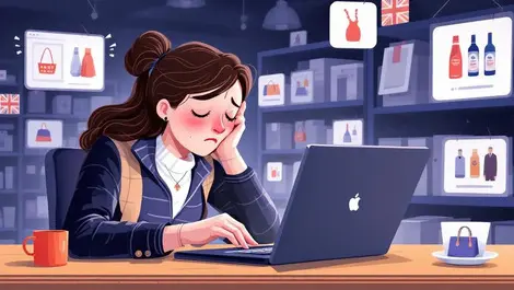 Frustrated british shopper browsing laptop generic products online retail disappointment