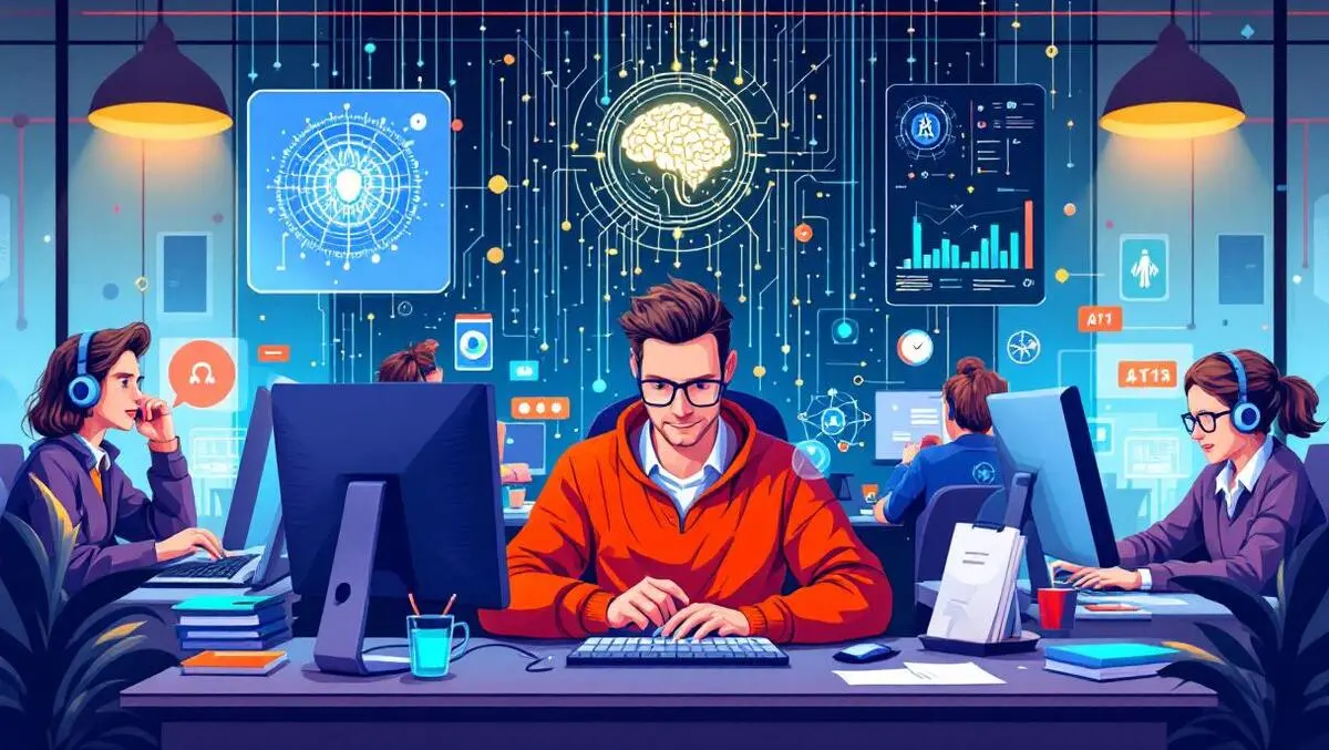 British fintech founders working on computers with ai digital neural networks modern office