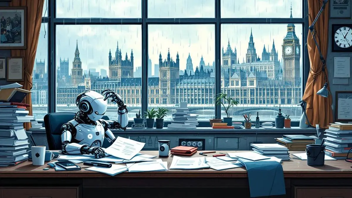 British office frustrated workers paperwork tangled tools futuristic robot rainy uk cityscape