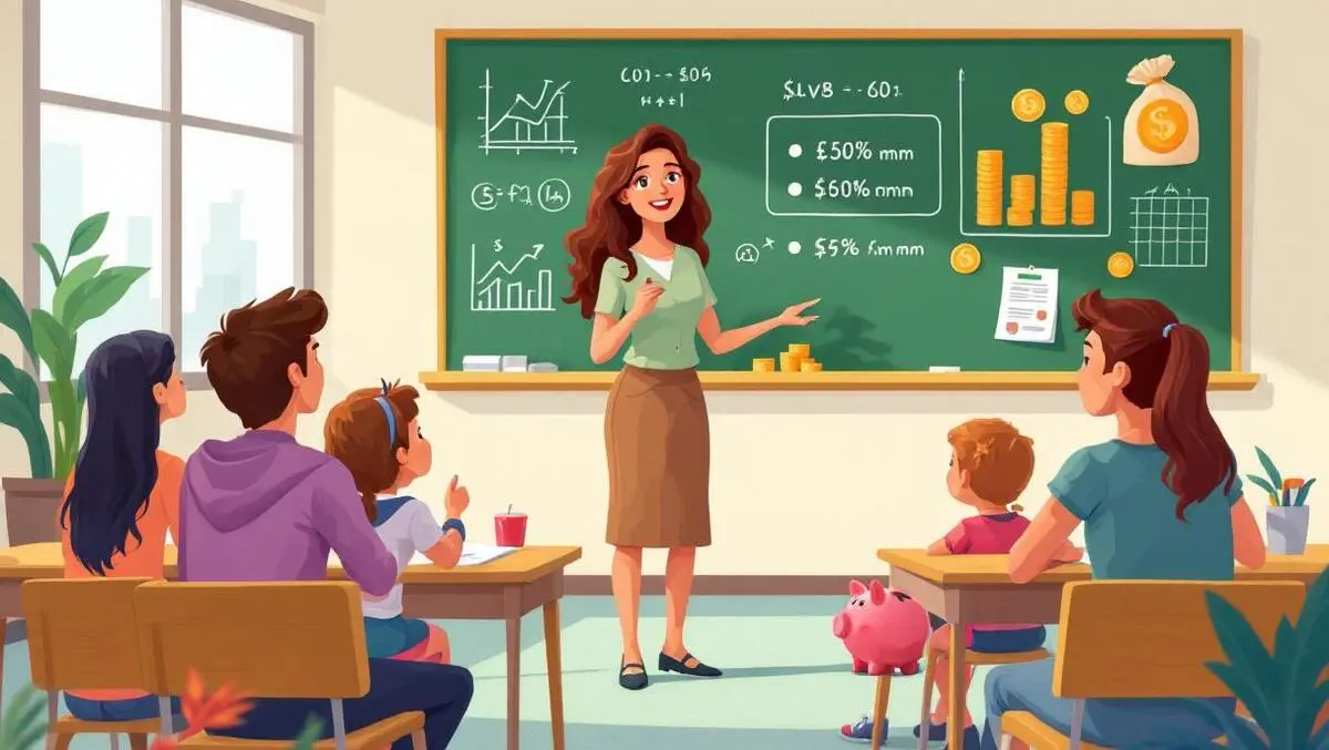 Classroom teacher explaining financial literacy to attentive teenagers with coins piggy banks graphs