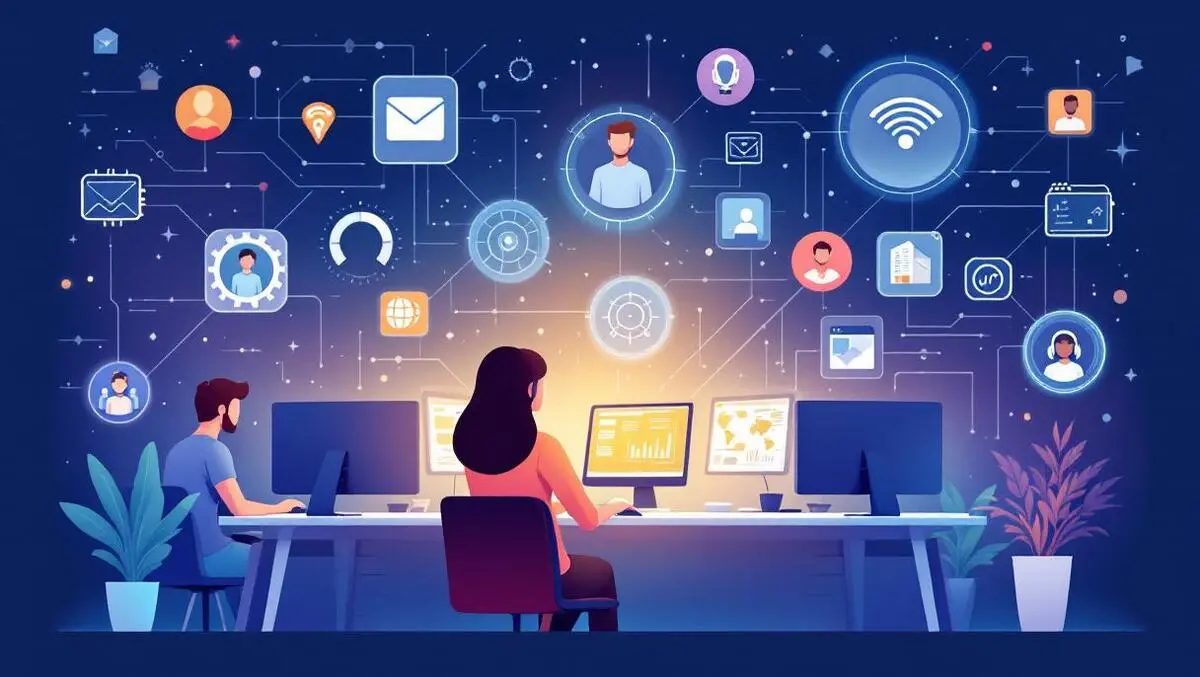 Office environment workers assisting customers computers digital icons automation efficiency customer support