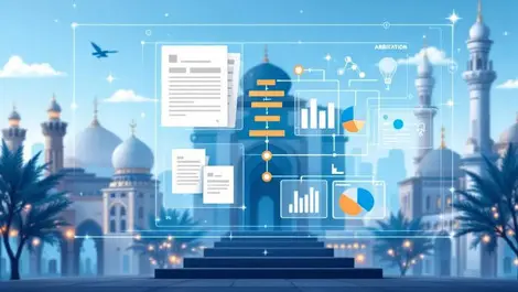 Modern digital interface legal documents workflow charts middle eastern architecture arbitration case management